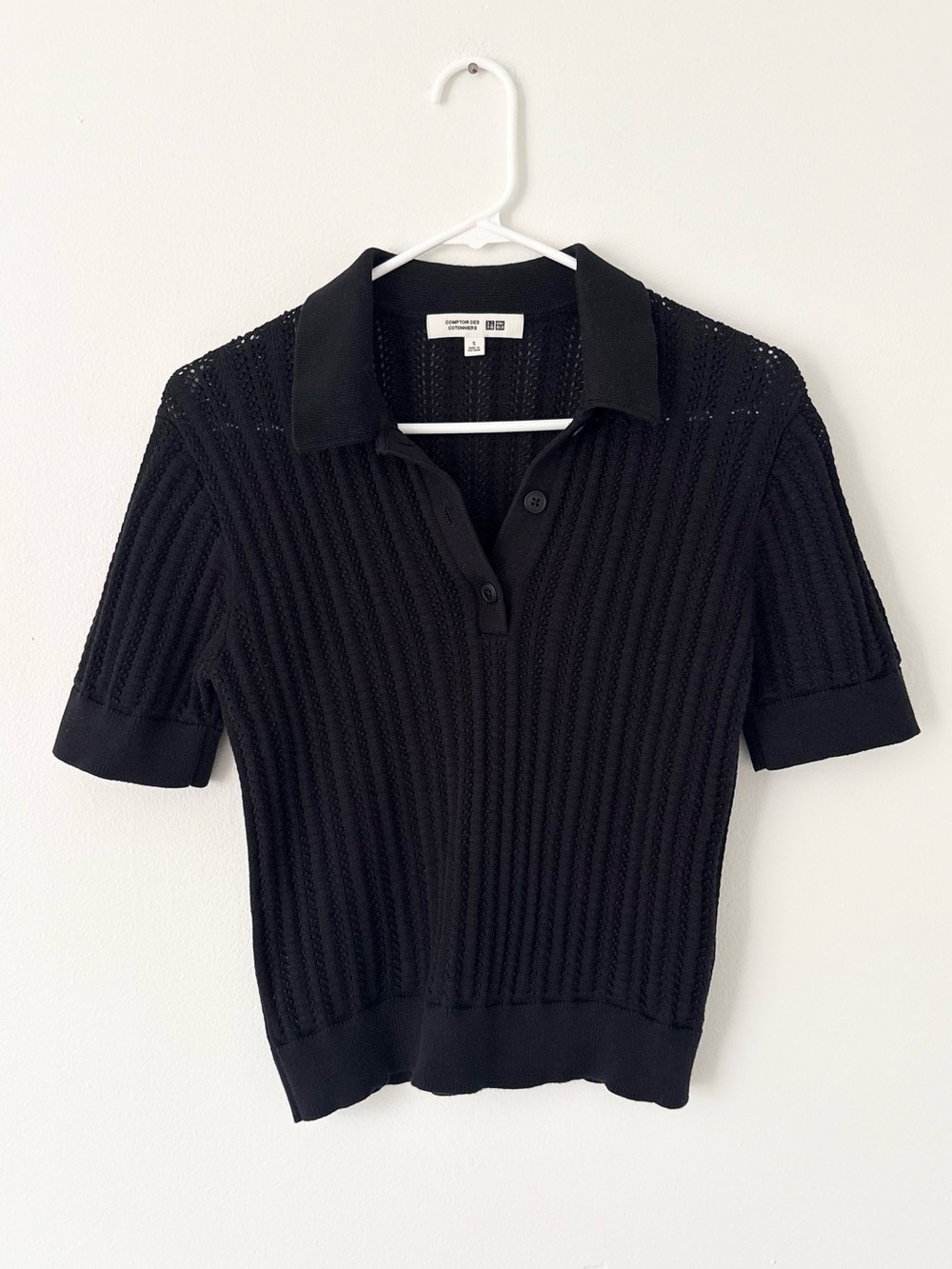 Uniqlo Black Knit Short Sleeve Cotton Popcorn Polo Sheer Pointelle Sweater Small - Picture 3 of 7